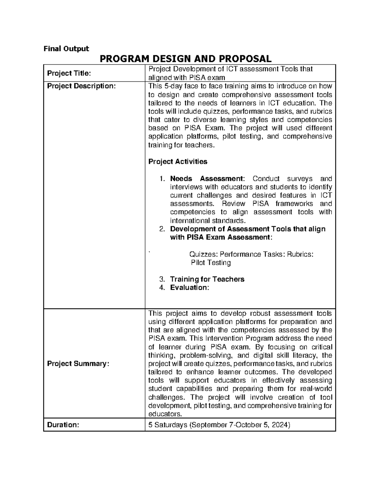 Final Exam Proposal: ICT Assessment Tools Aligned with PISA Exam - Studocu