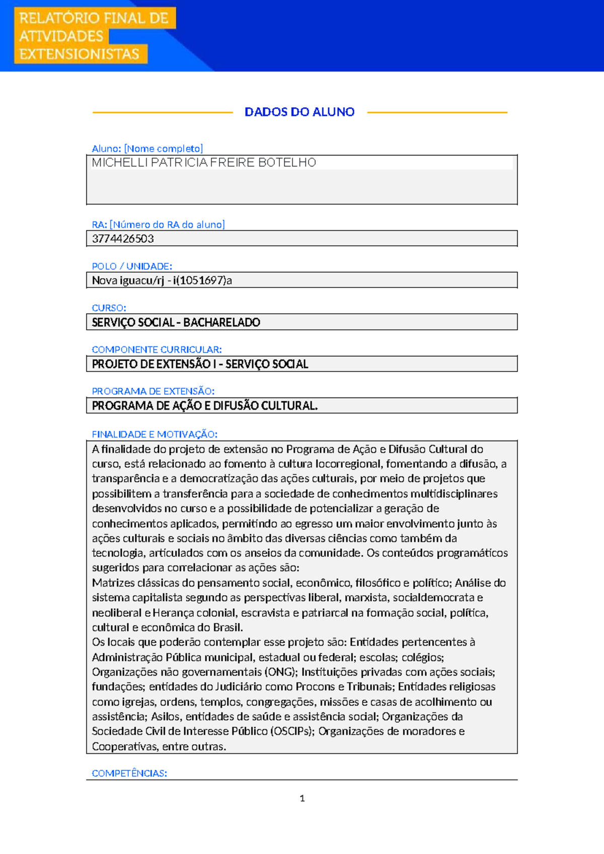 Projeto de extensão I: Ações de difusão cultural em serviço social ...