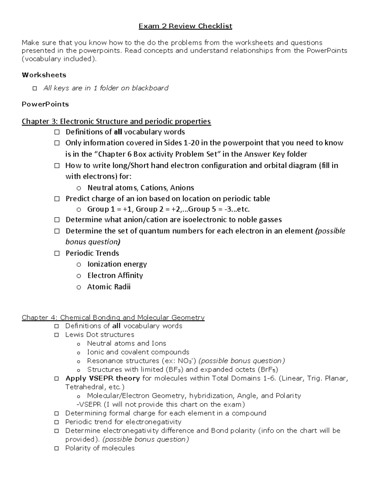 Chemistry Exam 2 Review Guide: Chapters 3, 4 & 6 Part 1 - Studocu
