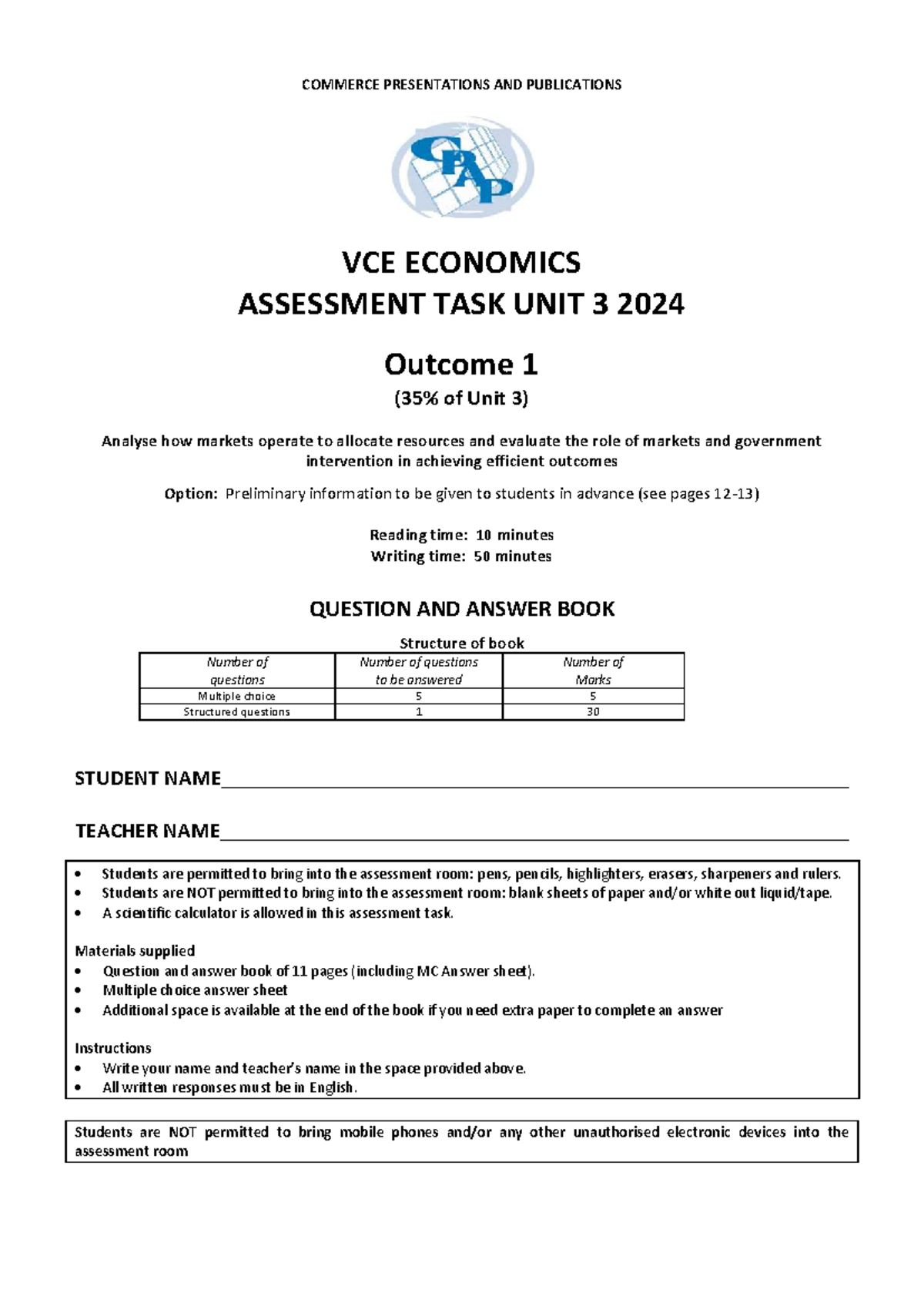 CPAP 2024 Economics Outcome 1 Unit 3 Assessment Task: Questions ...