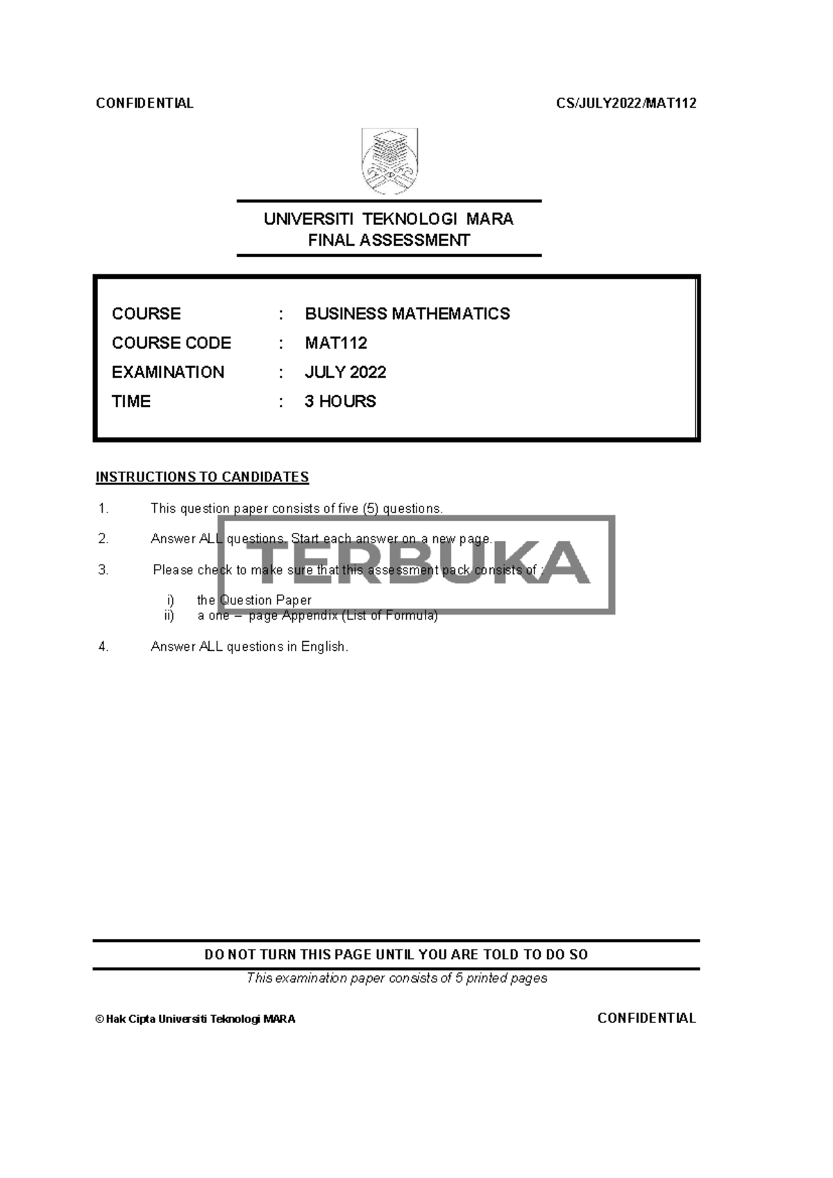 MAT112 - Final Exam Past Paper for Business Mathematics (July 2022 ...