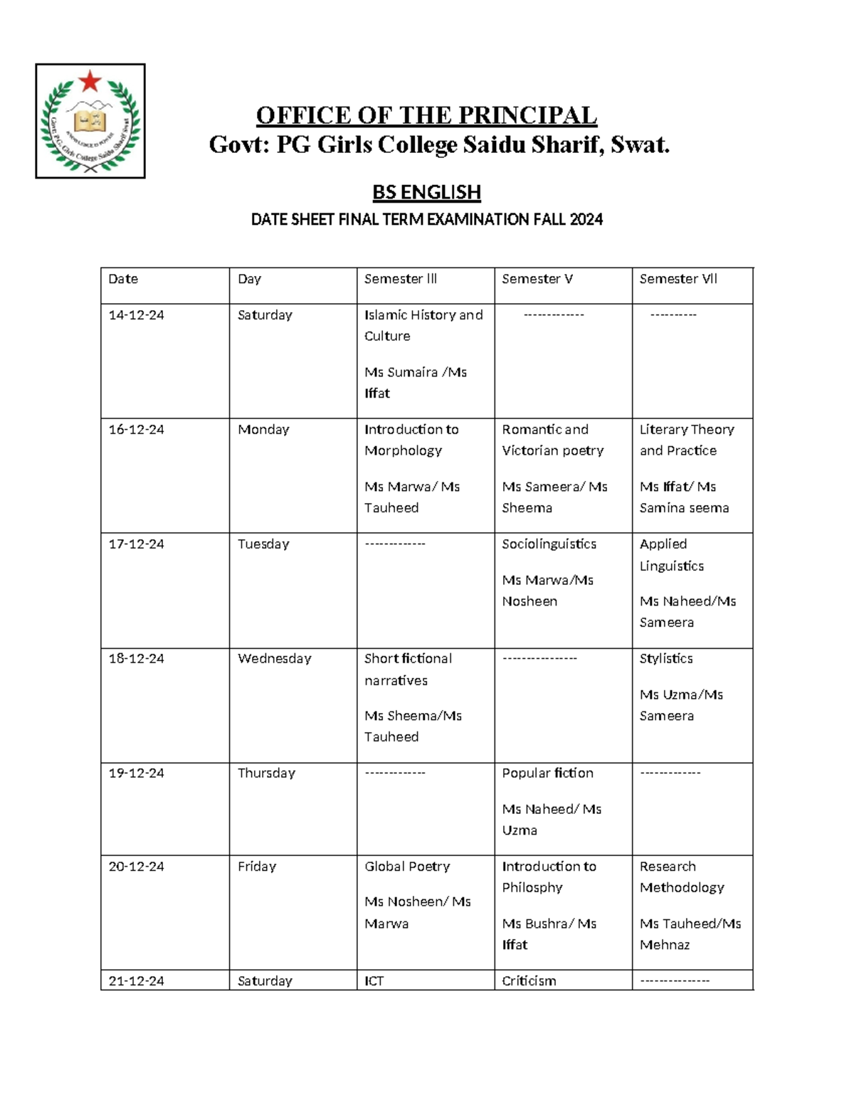 BS English Final Term Exam Date Sheet - Fall 2024 - Studocu