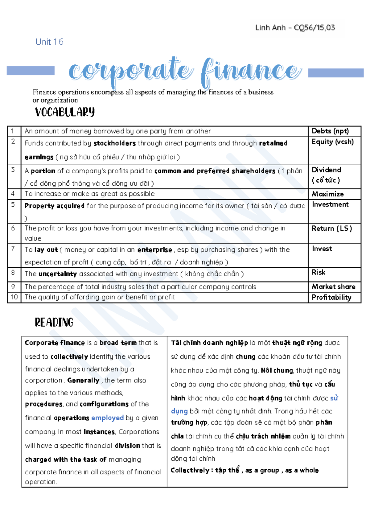 Unit 16-20: Corporate Finance Overview and Key Concepts - Studocu