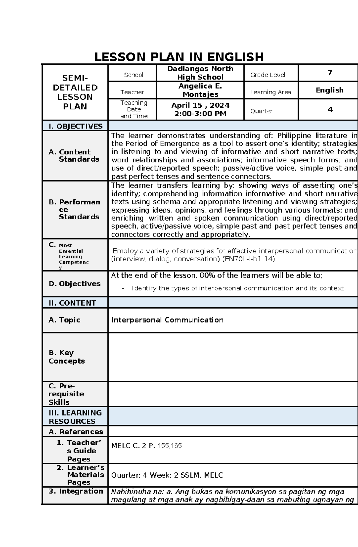 Interpersonal Communication Lesson Plan - LP (Grade 7, Quarter 4) - Studocu