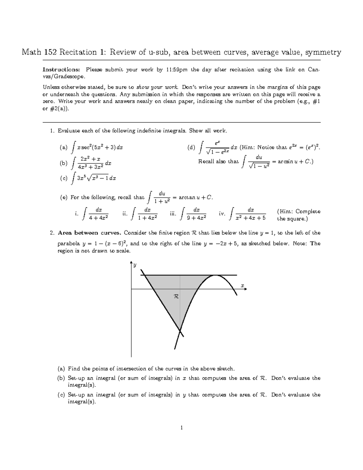 Math 152 Recitation 1: U-Substitution & Area Between Curves - Studocu