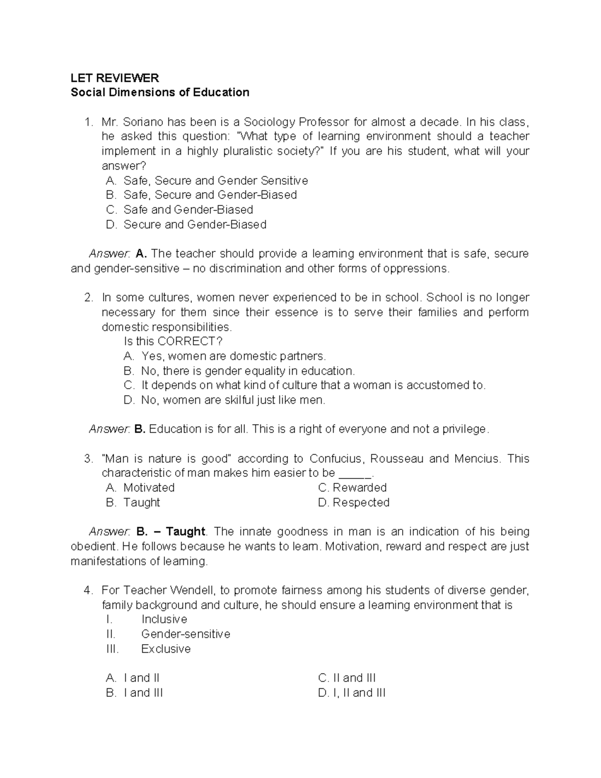 5. Social Dimensions of Education Q&A Drills - LET REVIEWER Social ...