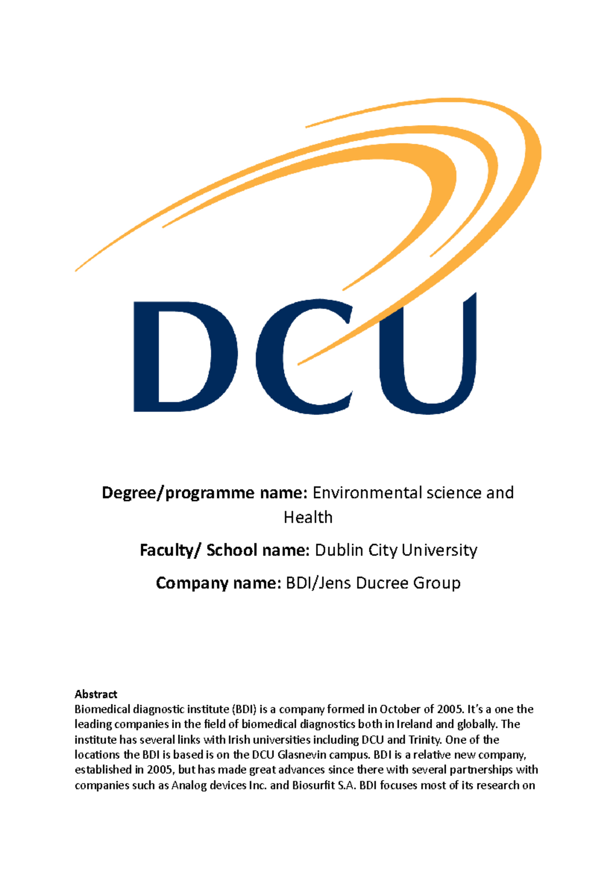Case Study: Intra Report on BDI Group - Environmental Science ESH - Studocu