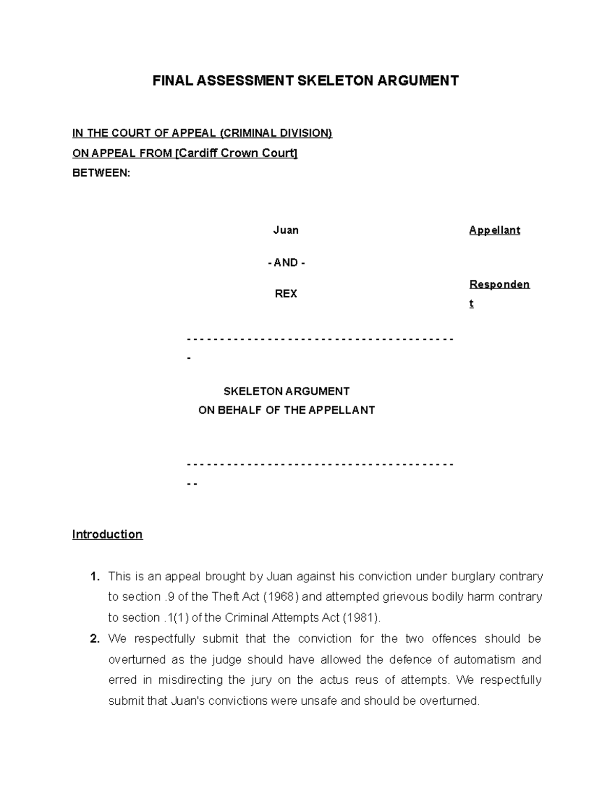 Final Assessment Skeleton Argument: Juan's Appeal Case Analysis - Studocu