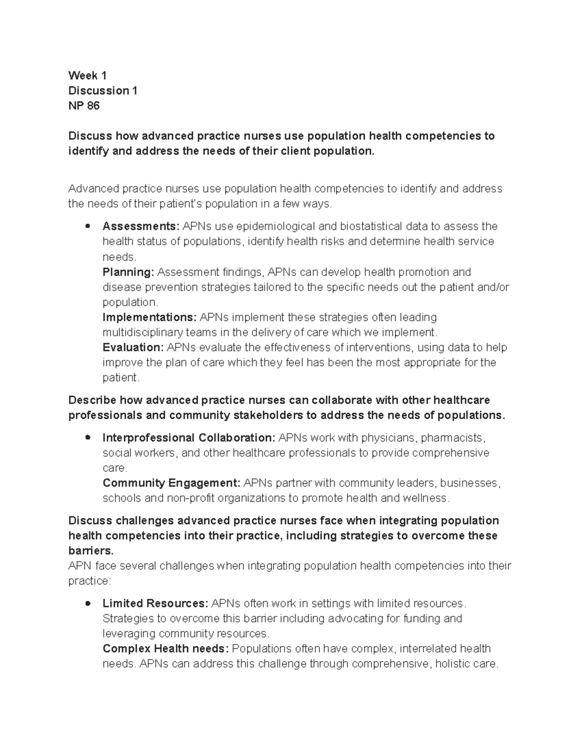 Week 1 Discussion 1 NP 86: APN Role in Population Health Competencies ...