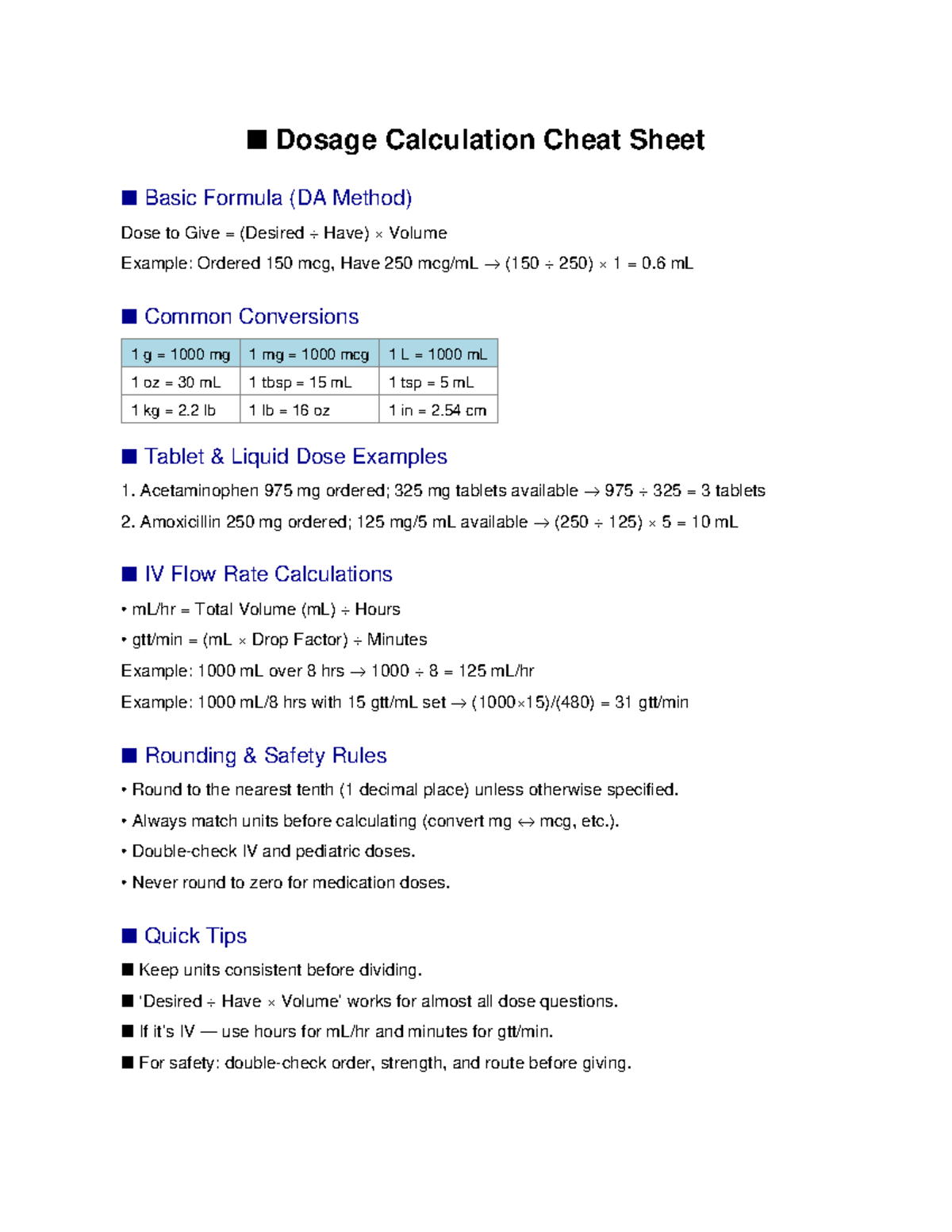 Dosage Calculation Cheat Sheet (DA Method) for Medications - Studocu