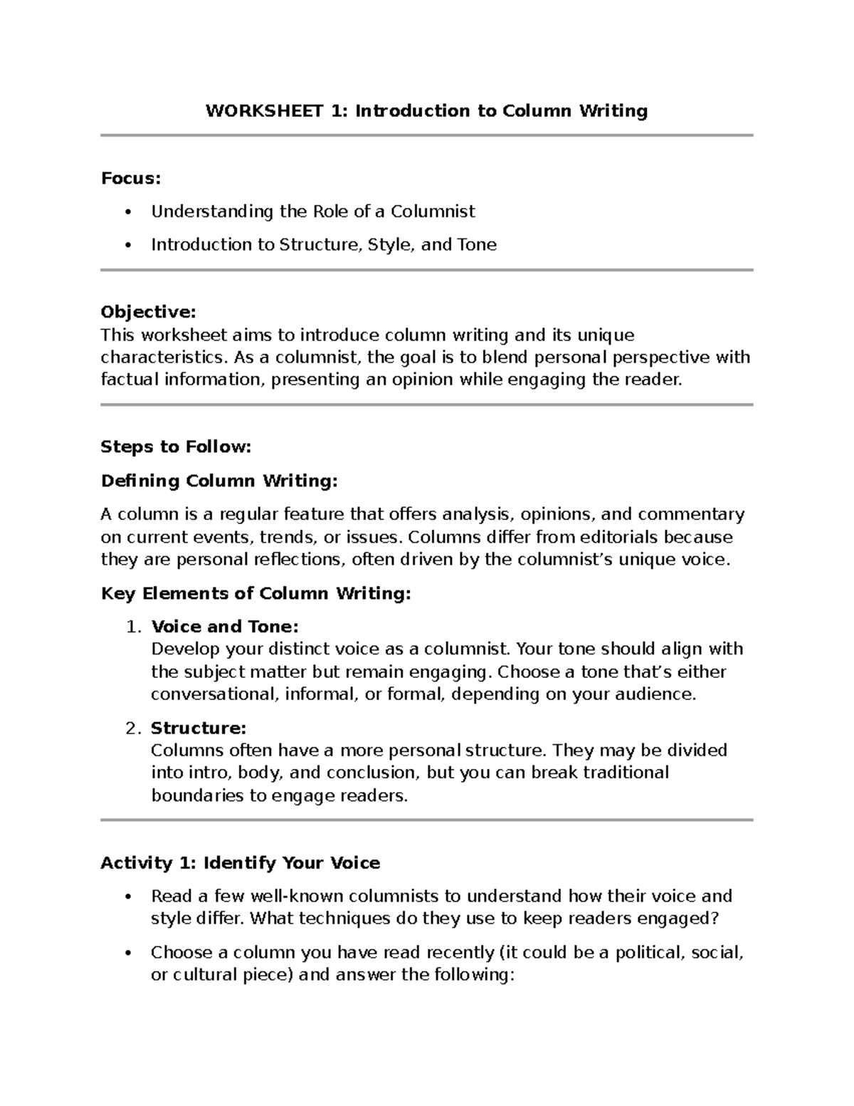 Worksheet 1: Intro to Column Writing - Structure, Style & Tone - Studocu