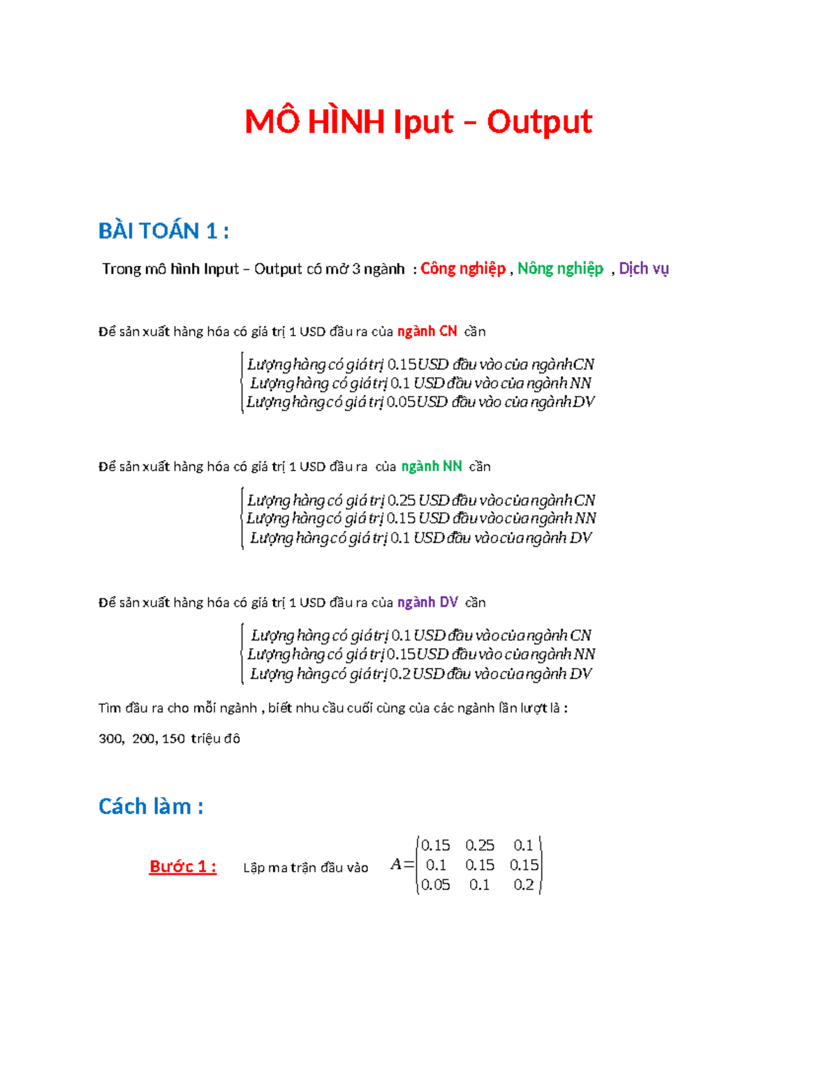 MÔ HÌNH Iput - bài tập - MÔ HÌNH Iput – Output BÀI TOÁN 1 : Trong mô ...