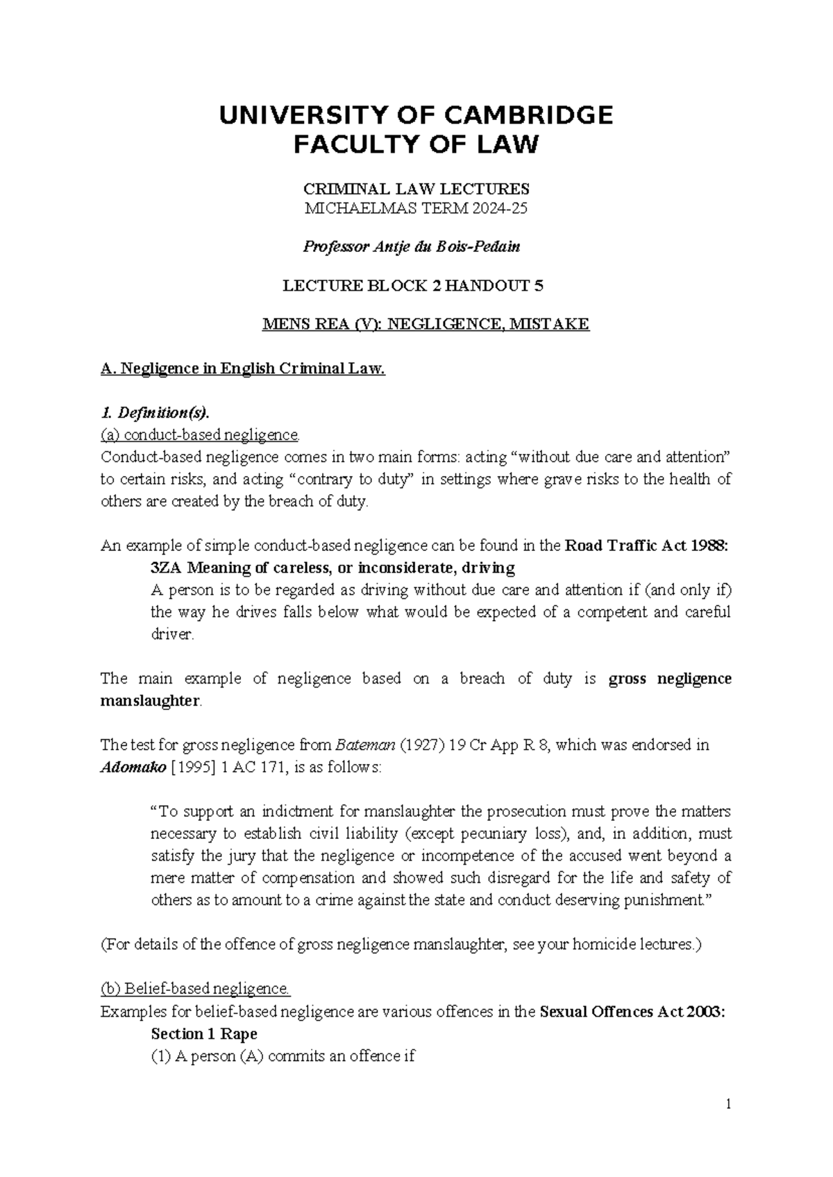 2024-25-law-lecture-block-2-handout-5-mens-rea-negligence-mistakes