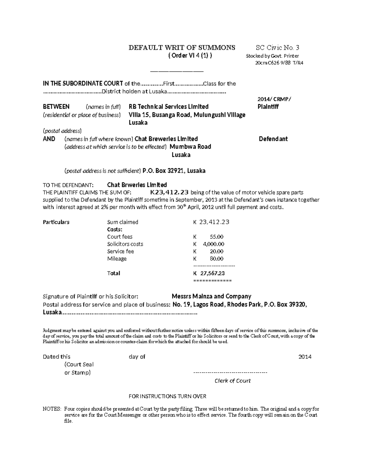 DEFAULT WRIT OF SUMMONS (Order VI 4 (1)) - RB Technical Services vs ...