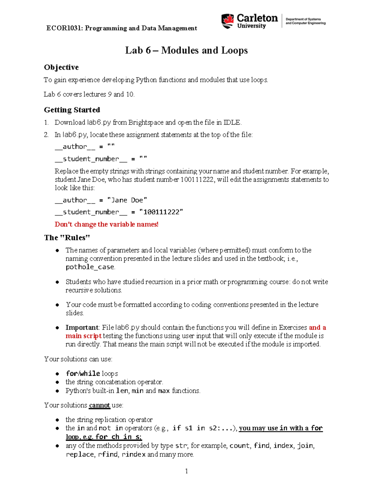 ECOR1031: Lab 6 - Python Functions & Loops in Data Management - Studocu