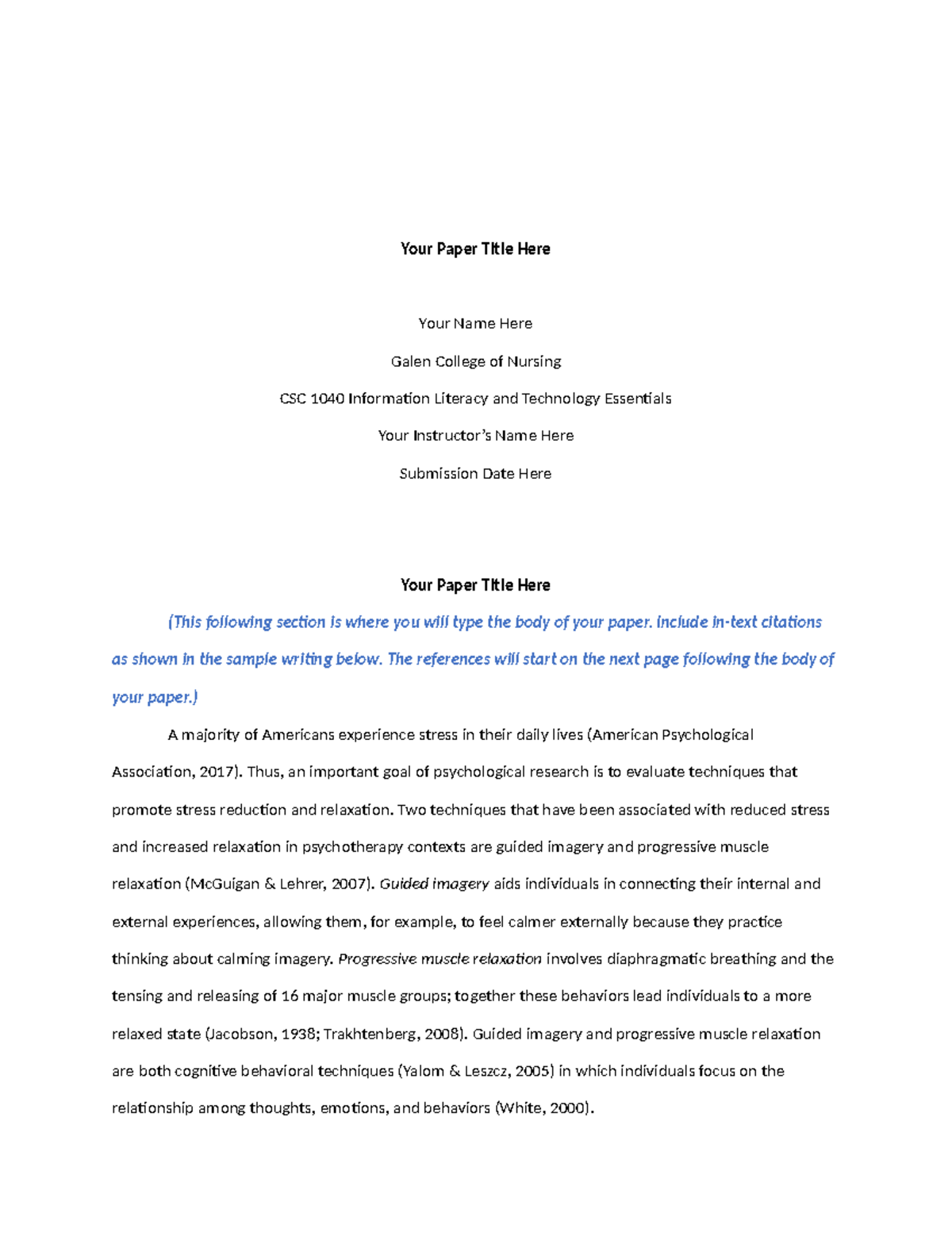 CSC 1040 APA Format Template for Stress Reduction Techniques - Studocu