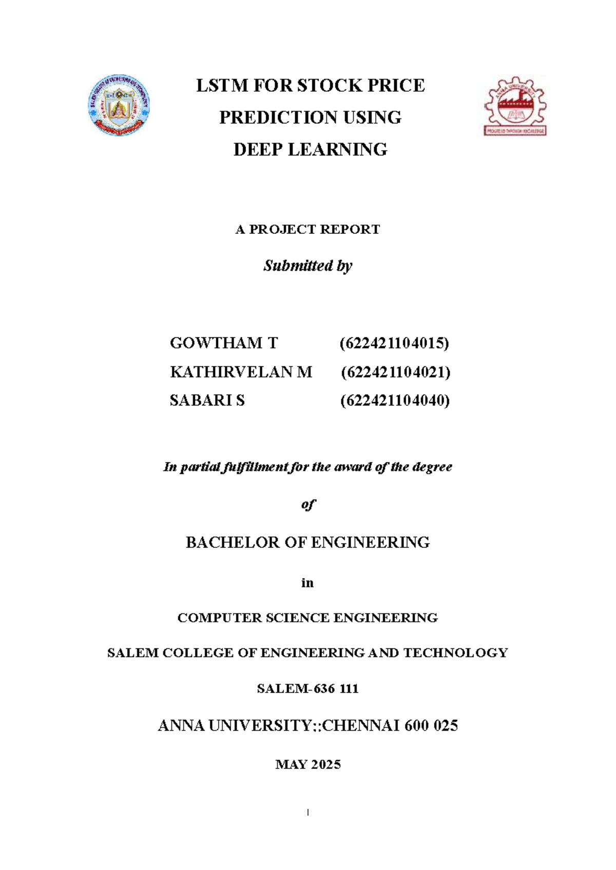 LSTM Stock Price Prediction Project Report - B.E. CSE - Studocu