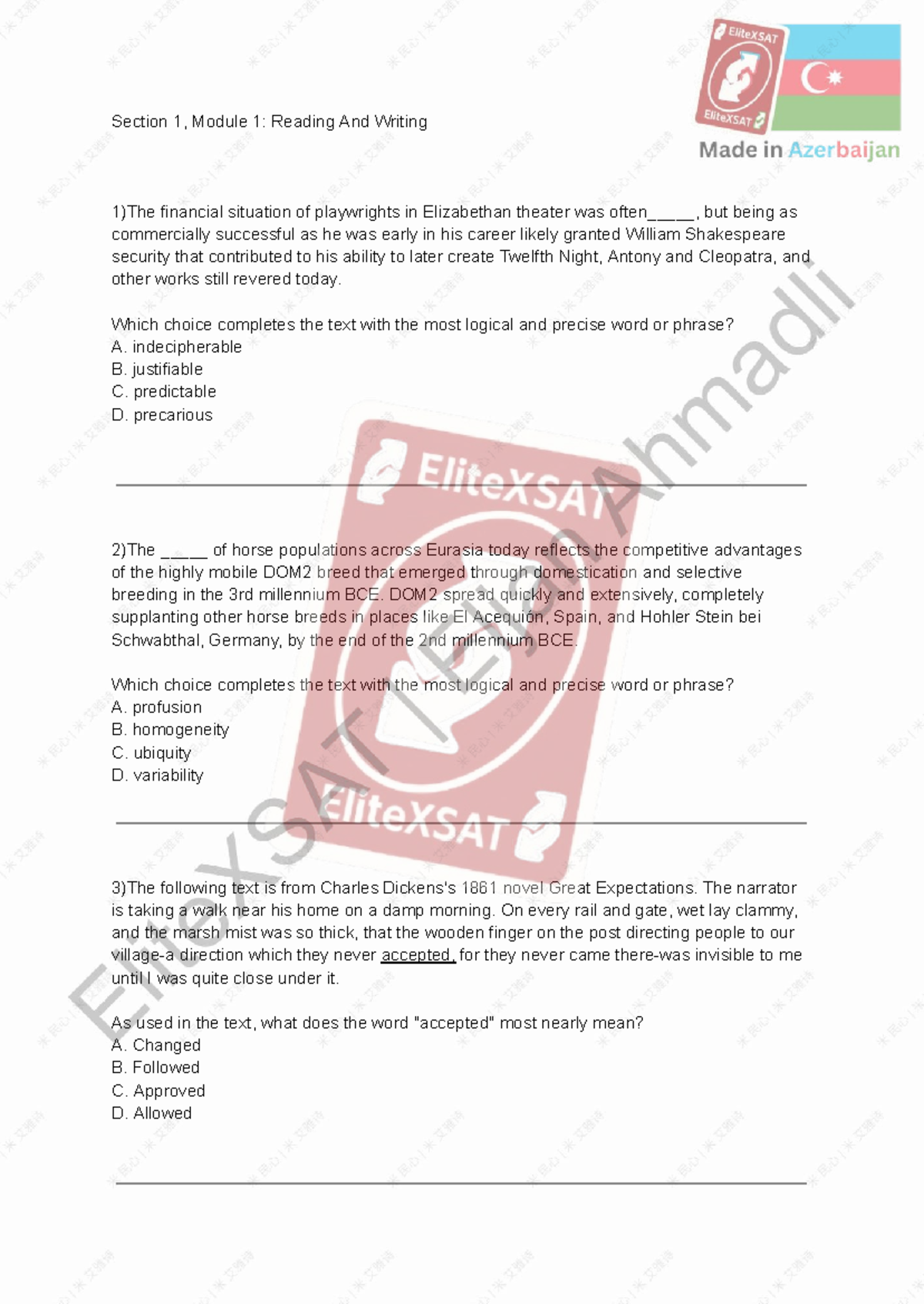 Section 1, Module 1: Reading and Writing Practice Questions for SAT ...