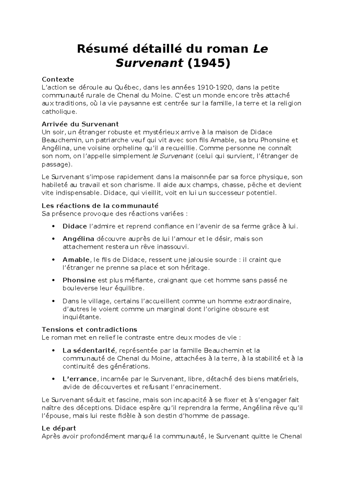 Résumé détaillé du roman Le Survenant (1945) et ses thèmes clés - Studocu