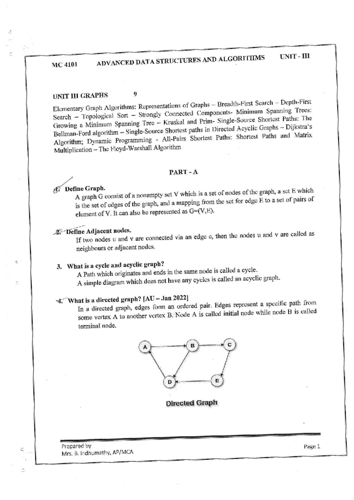 MC 4101 Advanced Data Structures & Algorithms: Graphs and Algorithms ...