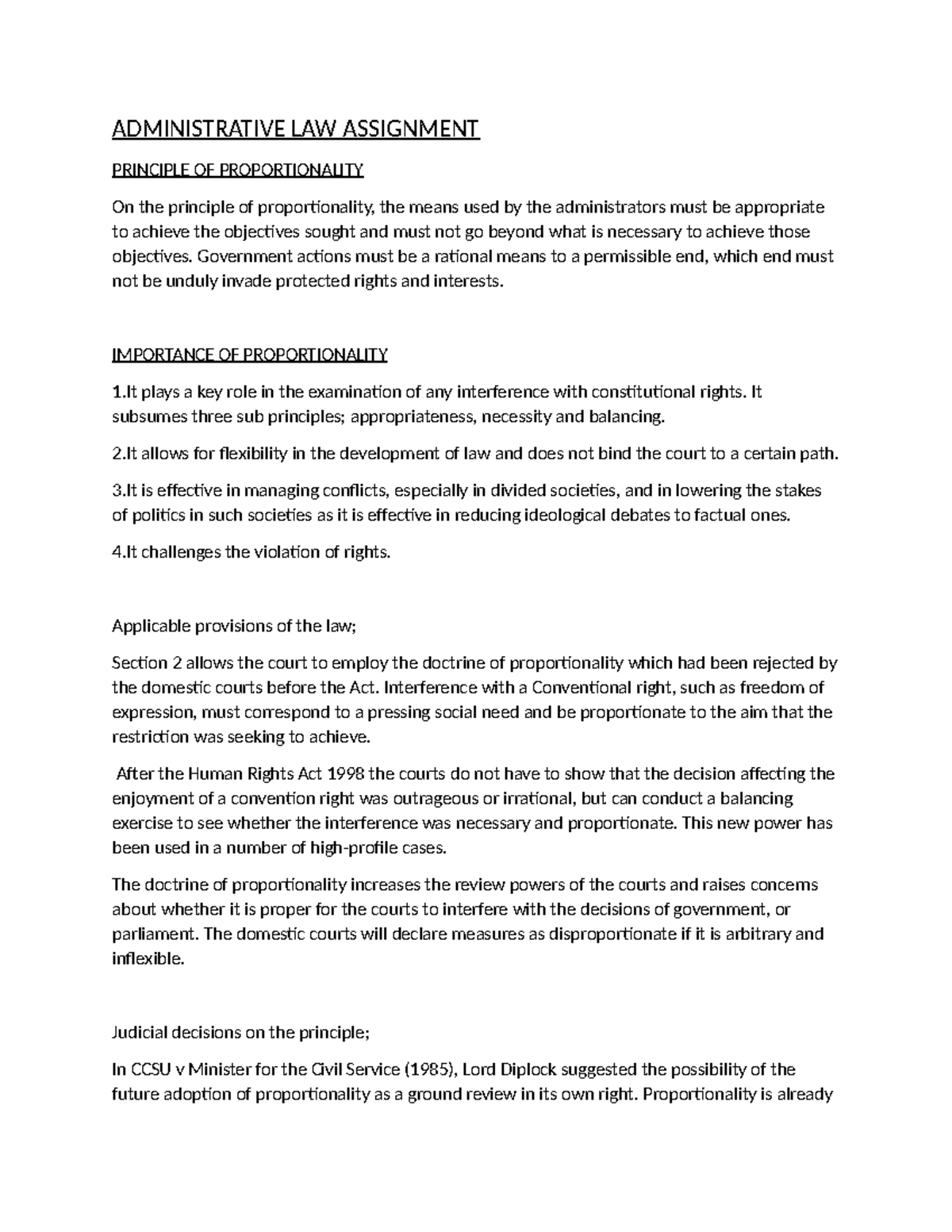 ADMINISTRATIVE LAW ASSIGNMENT: PRINCIPLES OF PROPORTIONALITY ...