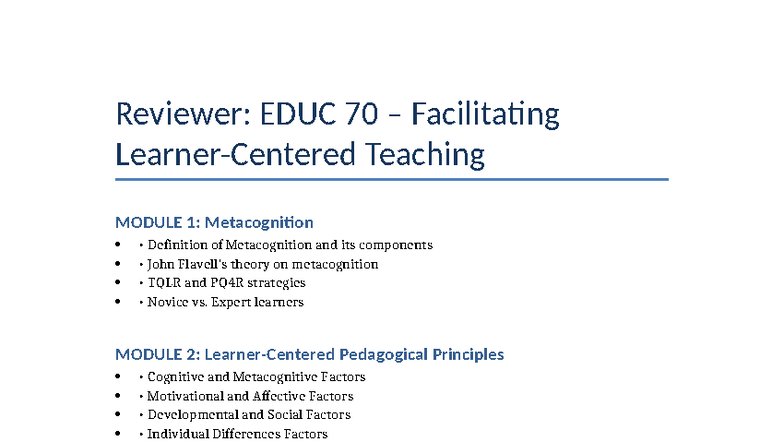 EDUC 70 Reviewer: Teaching Facilitation & Learning Theories - Studocu