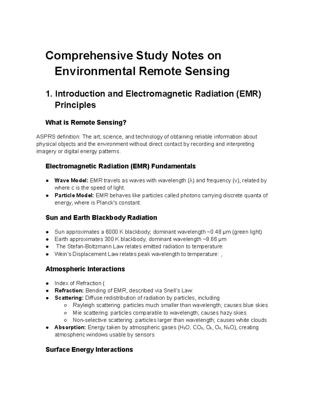 Comprehensive Study Notes on Environmental Remote Sensing - Studocu