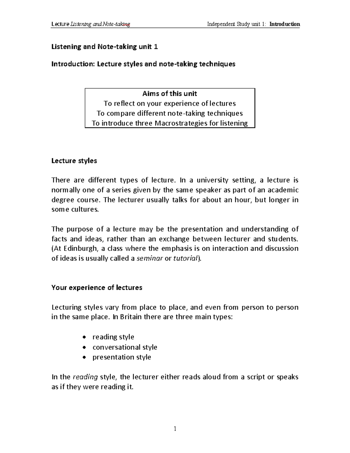 Lecture listening and note-taking units 1-4 - /HFWXUH Listening and ...