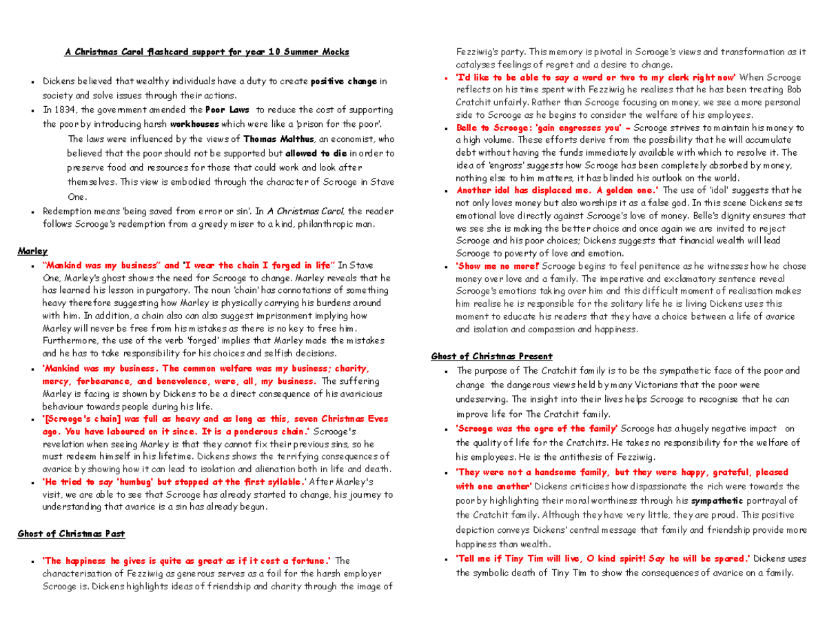 A Christmas Carol: Key Quotes & Concepts for Year 10 Mocks - Studocu