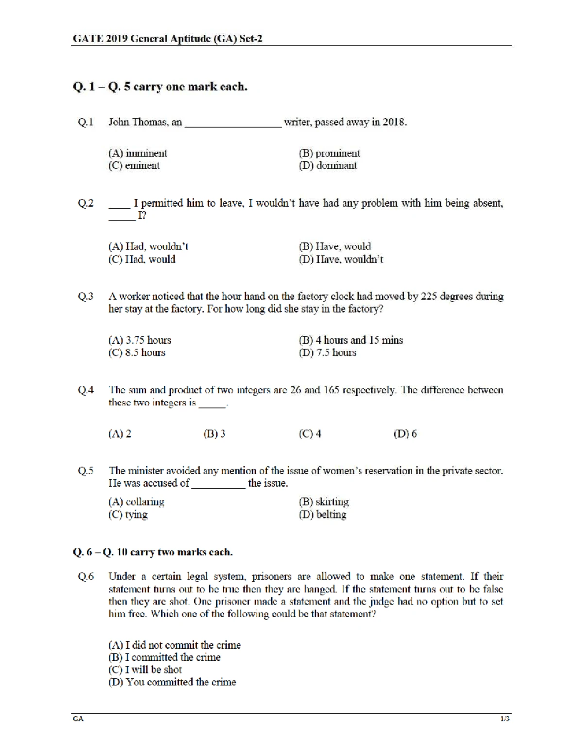 GATE 2018 ME General Aptitude & Mechanical Engineering Questions - Studocu