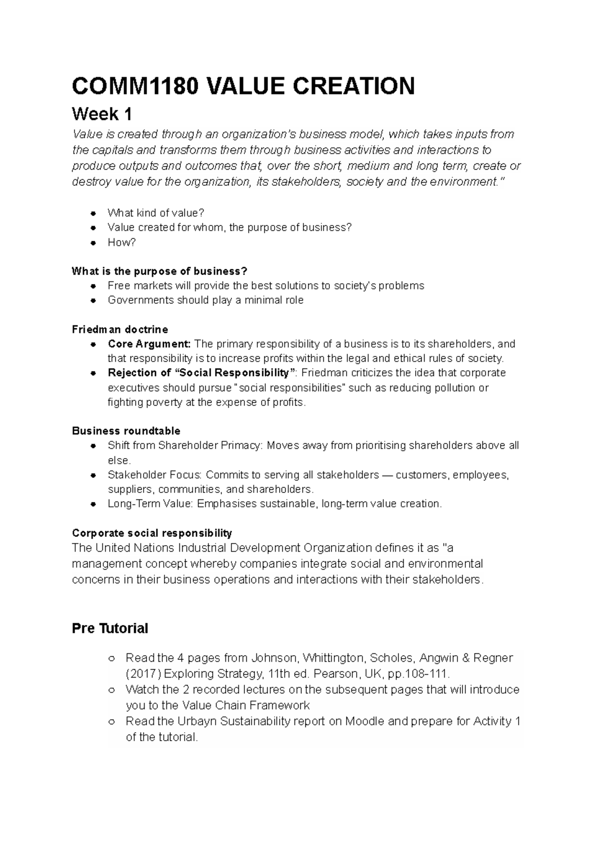 COMM1180 Week 1 Notes: Understanding Value Creation in Business - Studocu