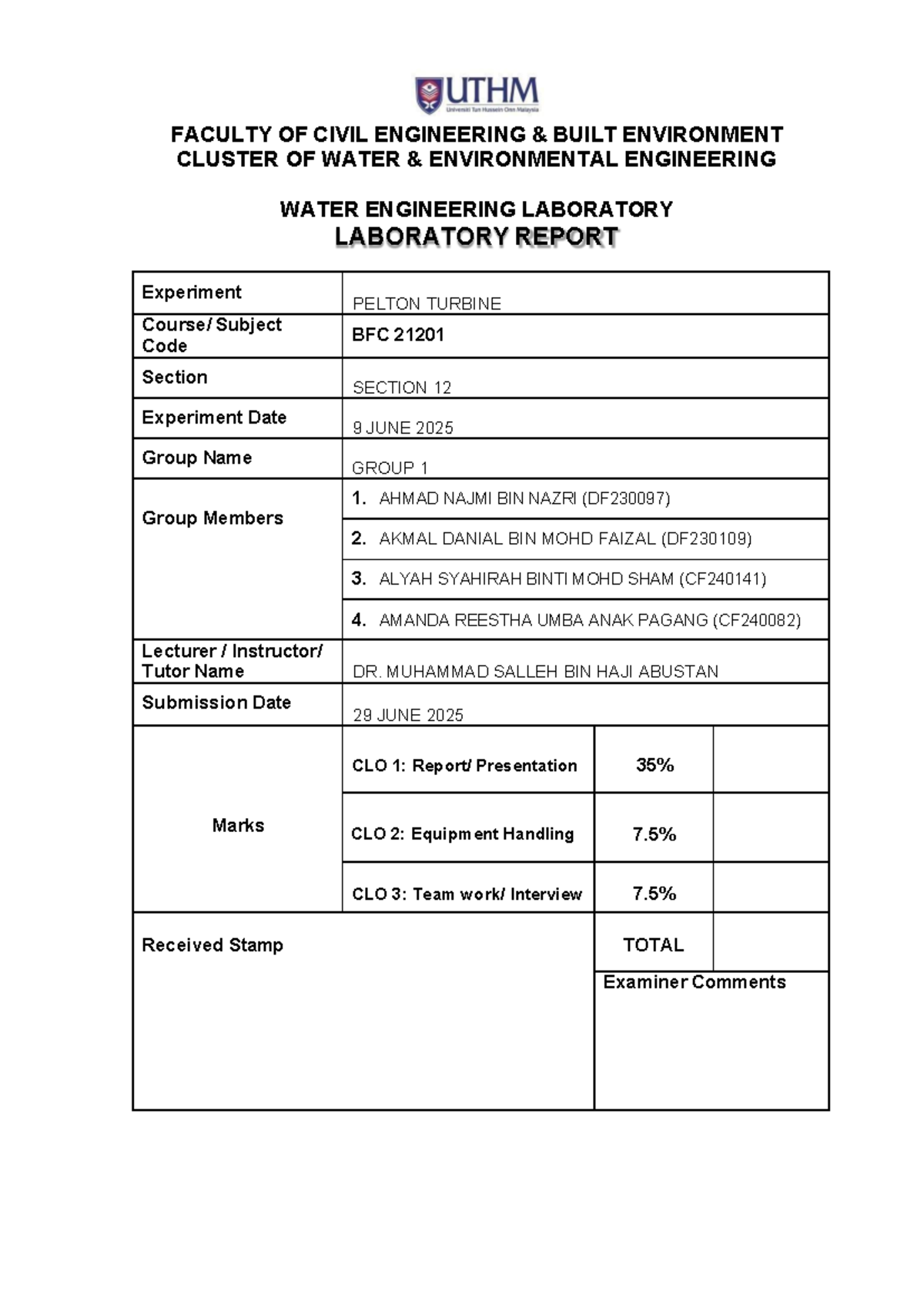 LAB REPORT: Pelton Turbine Experiment BFC 21201 Section 12 - Studocu