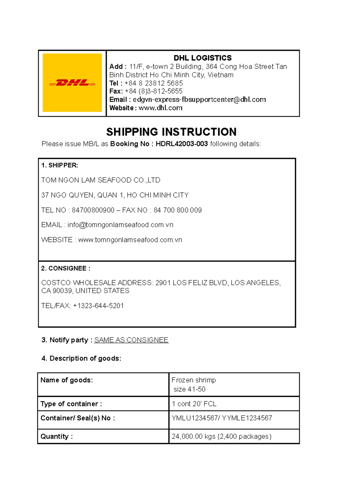 Shipping Instruction - Commercial-Invoice-Template - DHL LOGISTICS Add ...