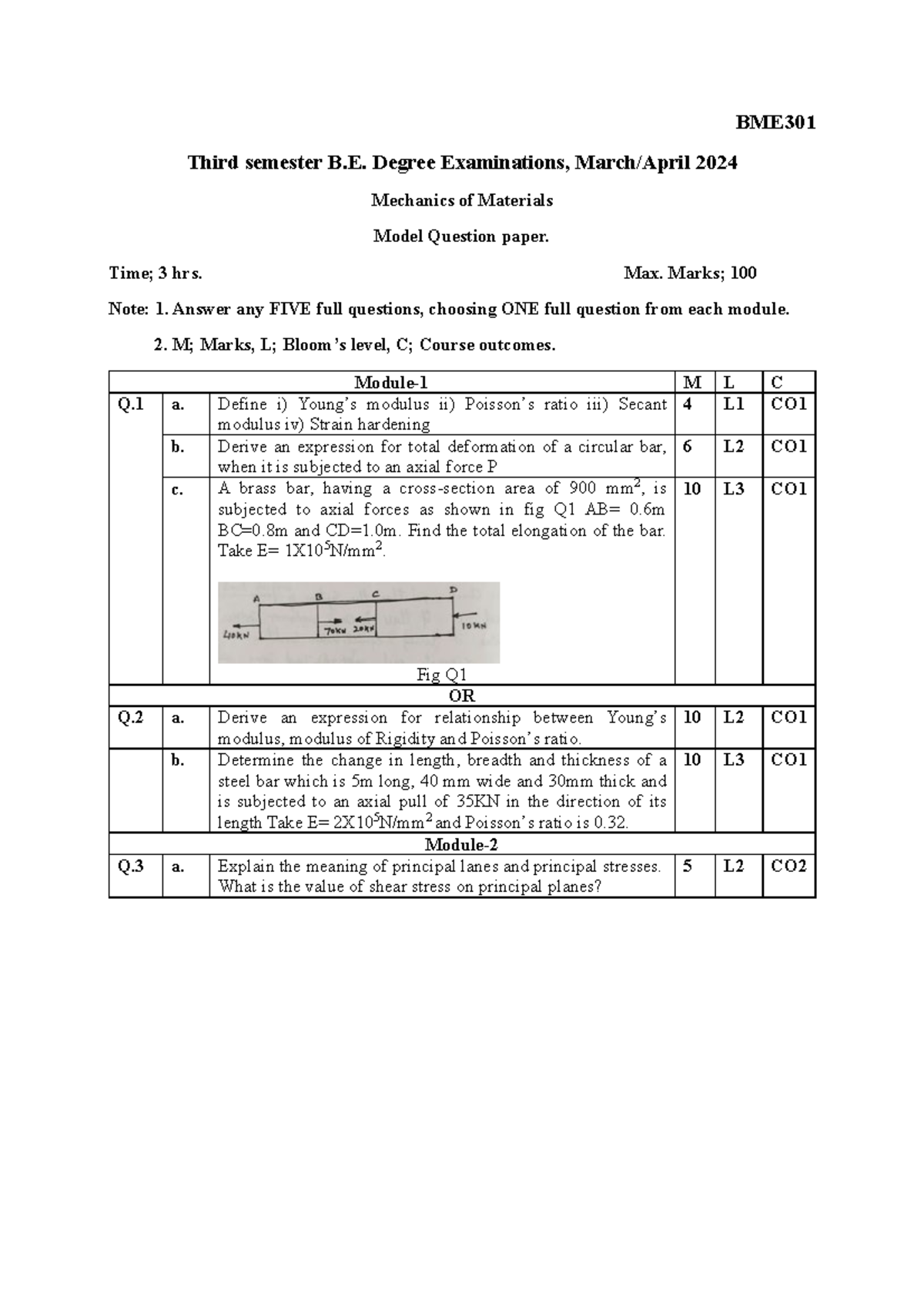 BME301 Mechanics of Materials Model Question Paper - 2024 Exam - Studocu