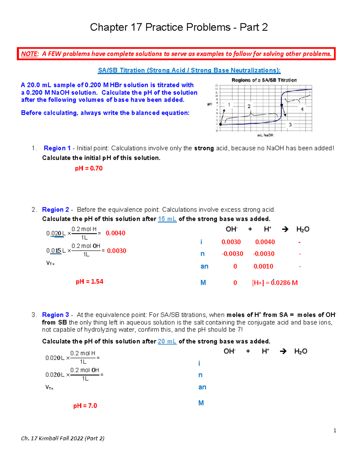 Ch 17 Practice Problems Key: Titration & pH Calculations - Studocu
