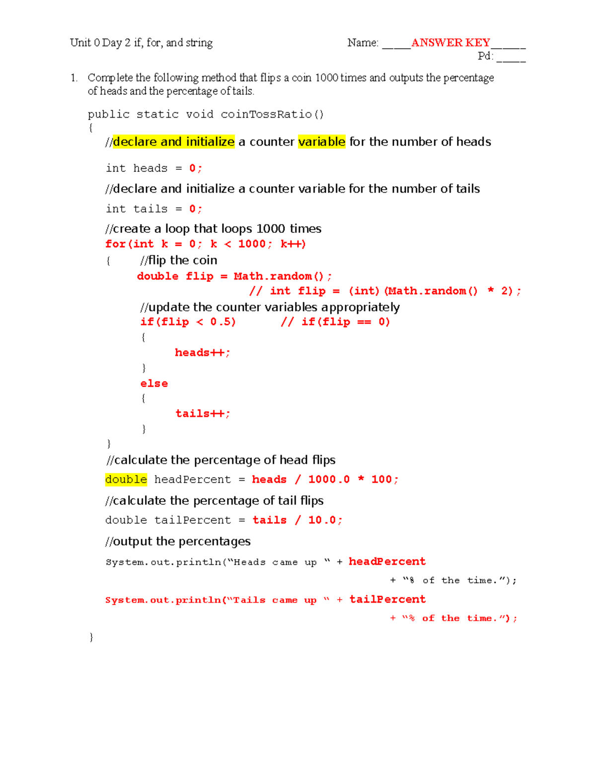 Java Programming: Unit 0 Day 2 - Coin Toss & Dice Roll Analysis - Studocu