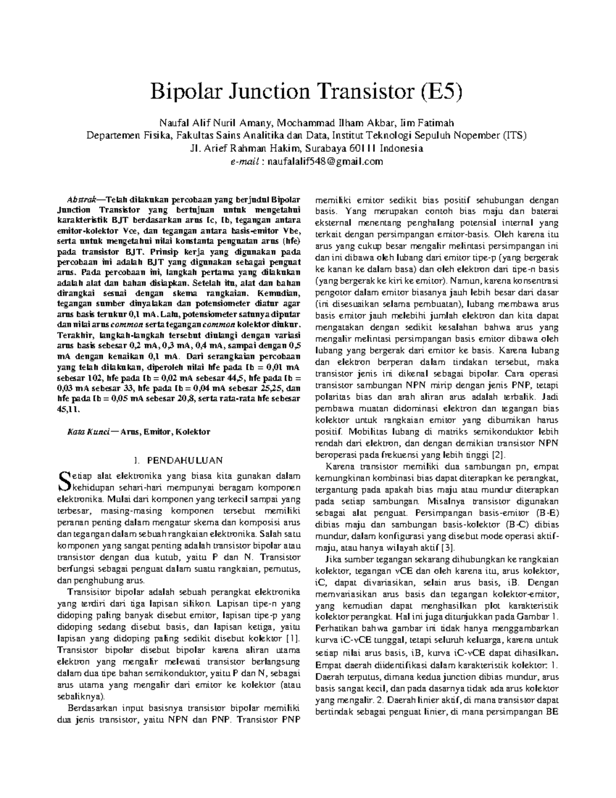 BJT Characteristics Analysis and hfe Calculation (E5) - Studocu