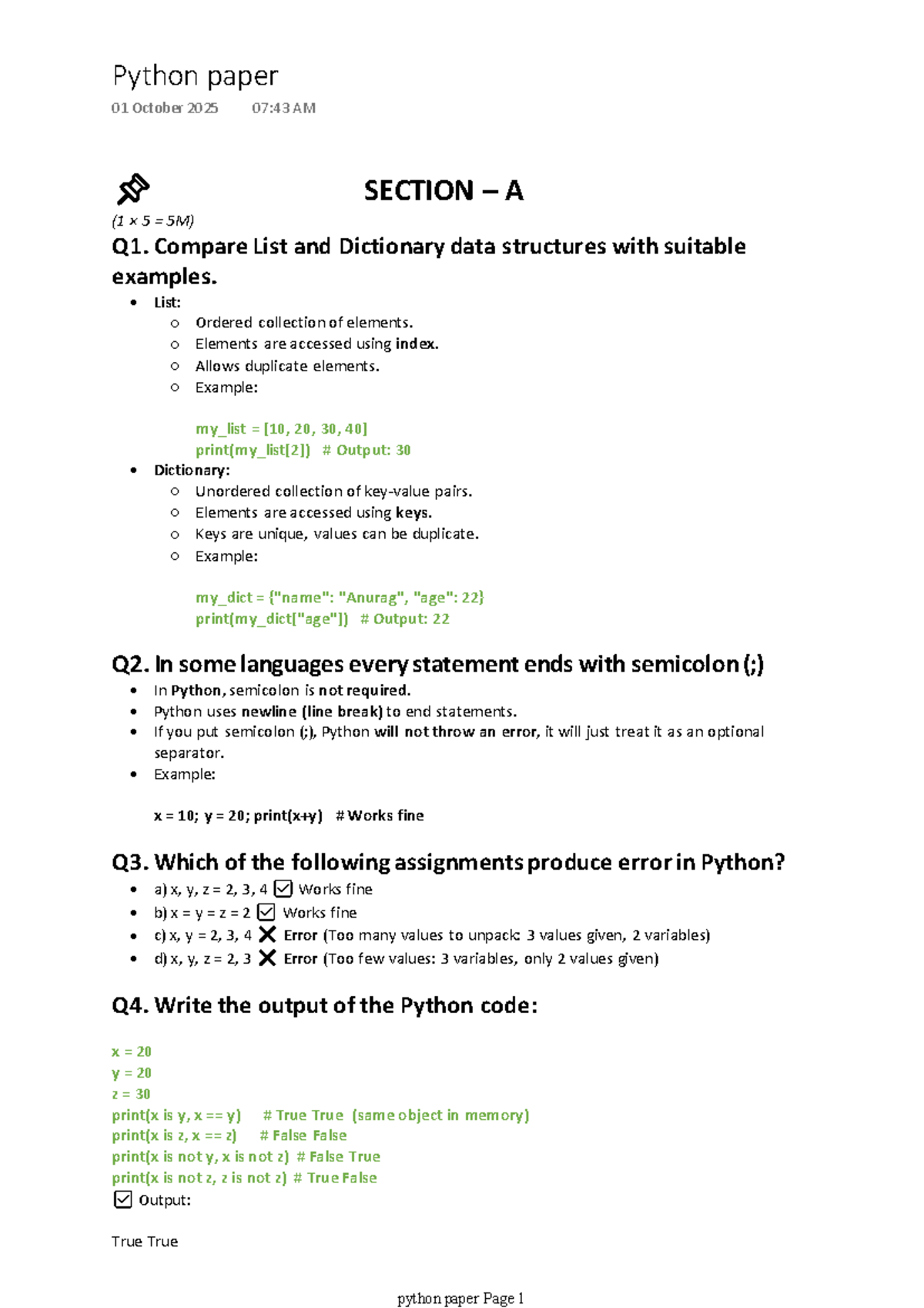 Python Paper: Data Structures, Control Flow, and Operators (Exam) - Studocu