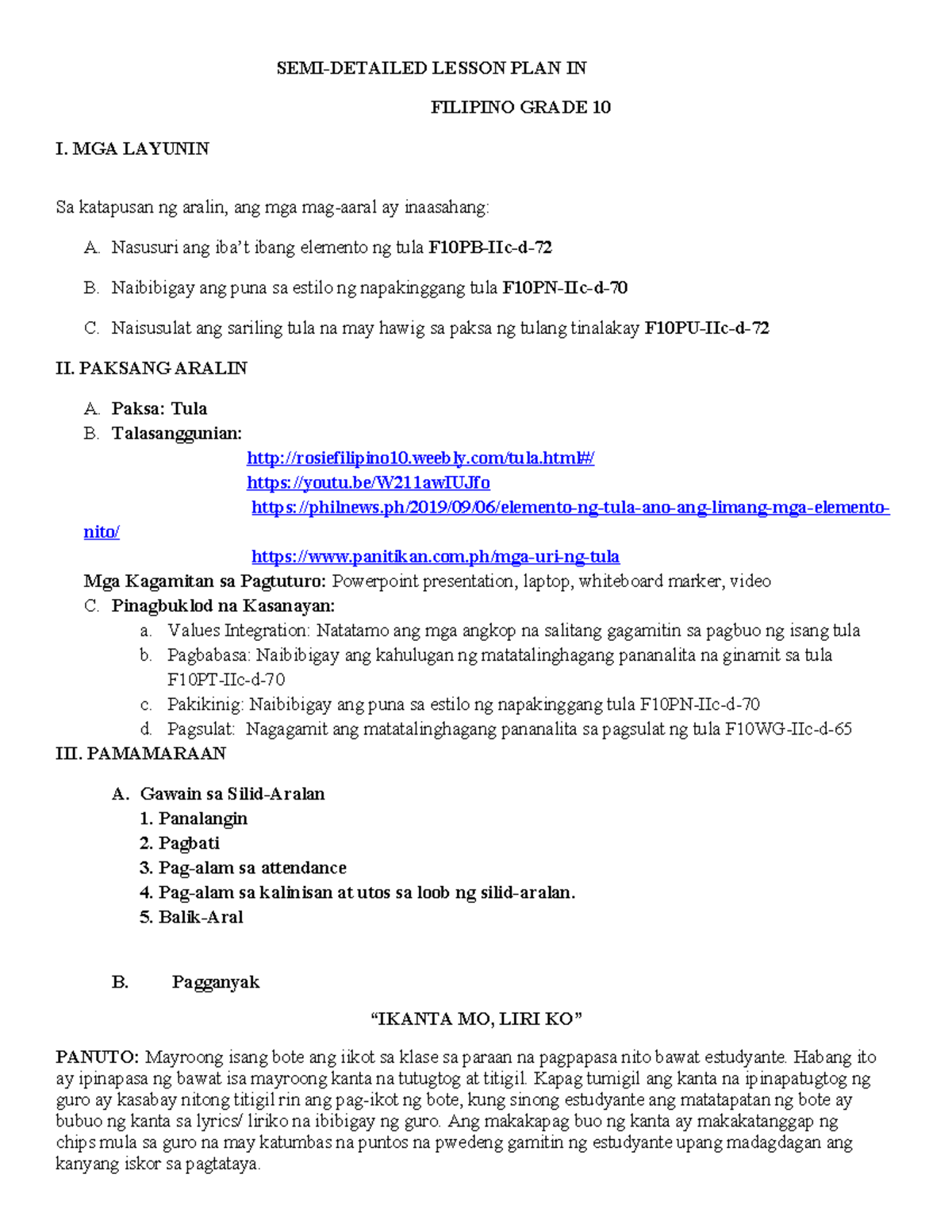 SEMI-DETAILED LESSON PLAN IN FILIPINO GRADE 10 - TULA & ELEMENTO - Studocu