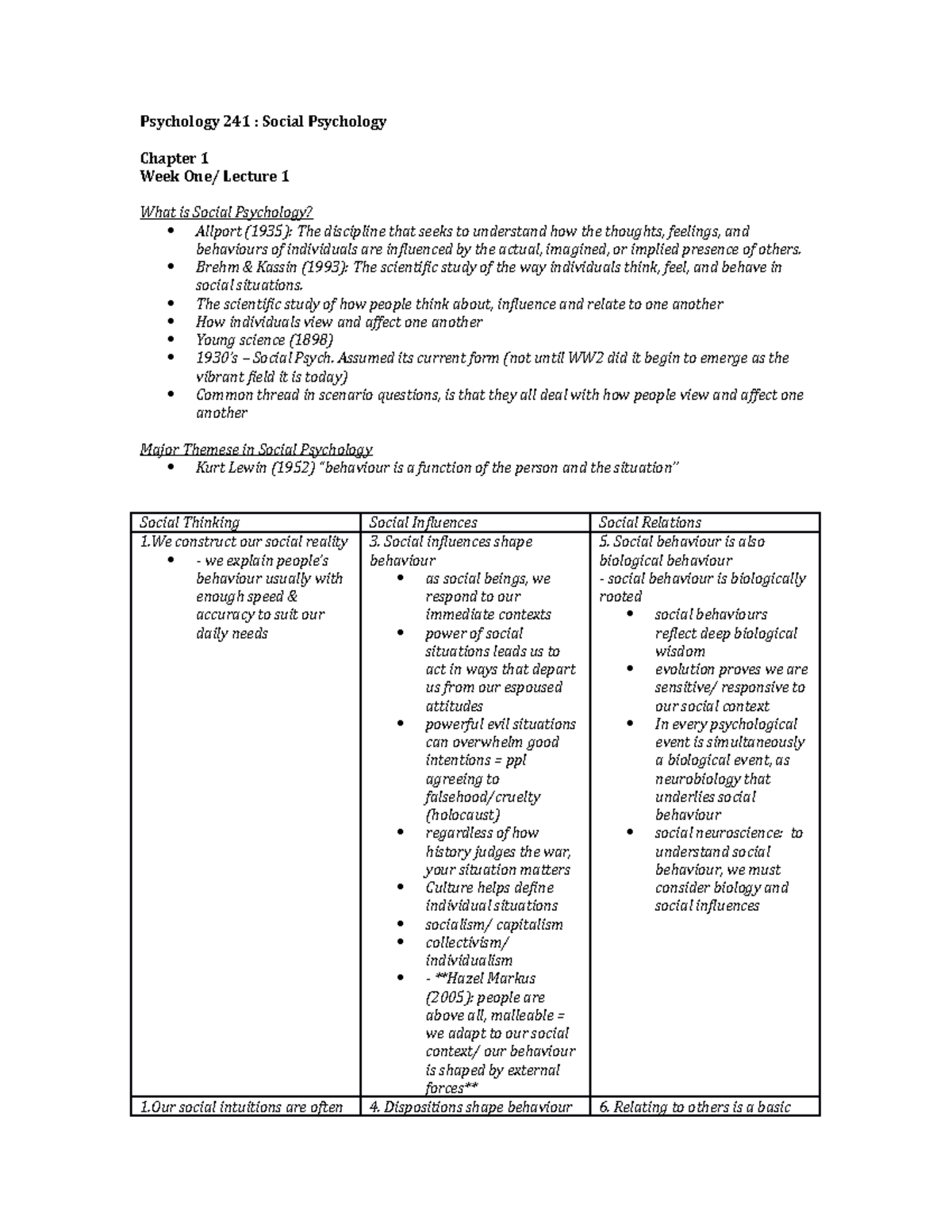Psychology 241 - Social Psychology Lecture Notes: Week 1 Overview - Studocu
