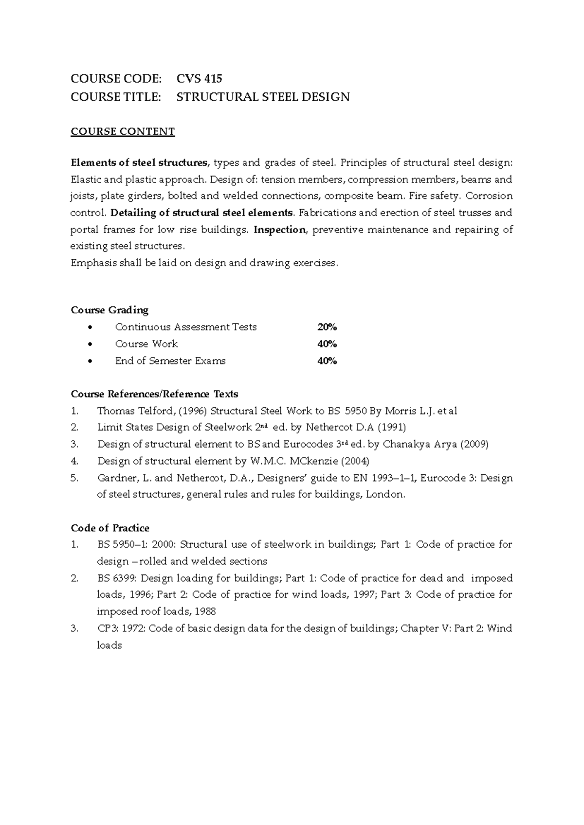 CVS 415 Notes 2021 - structural design - COURSE CODE: CVS 415 COURSE ...