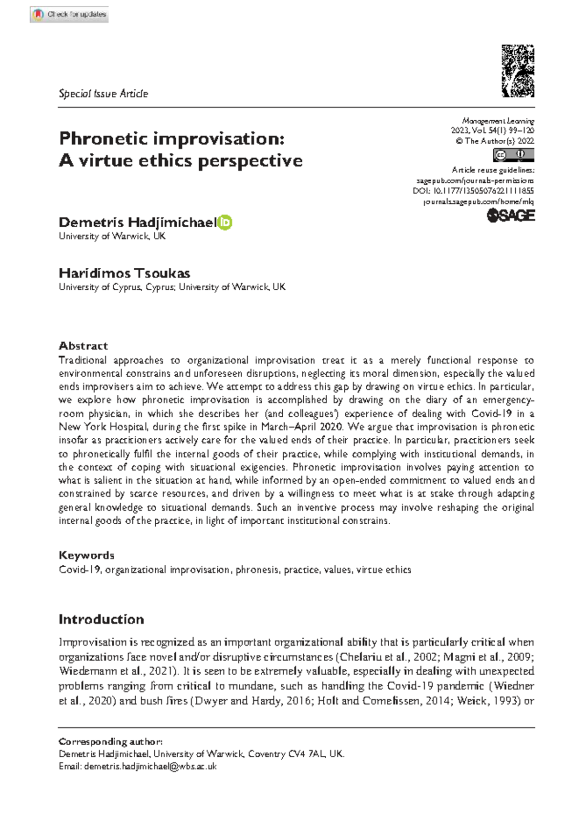 Hadjimichael & Tsoukas 2022: Phronetic Improvisation in Management ...