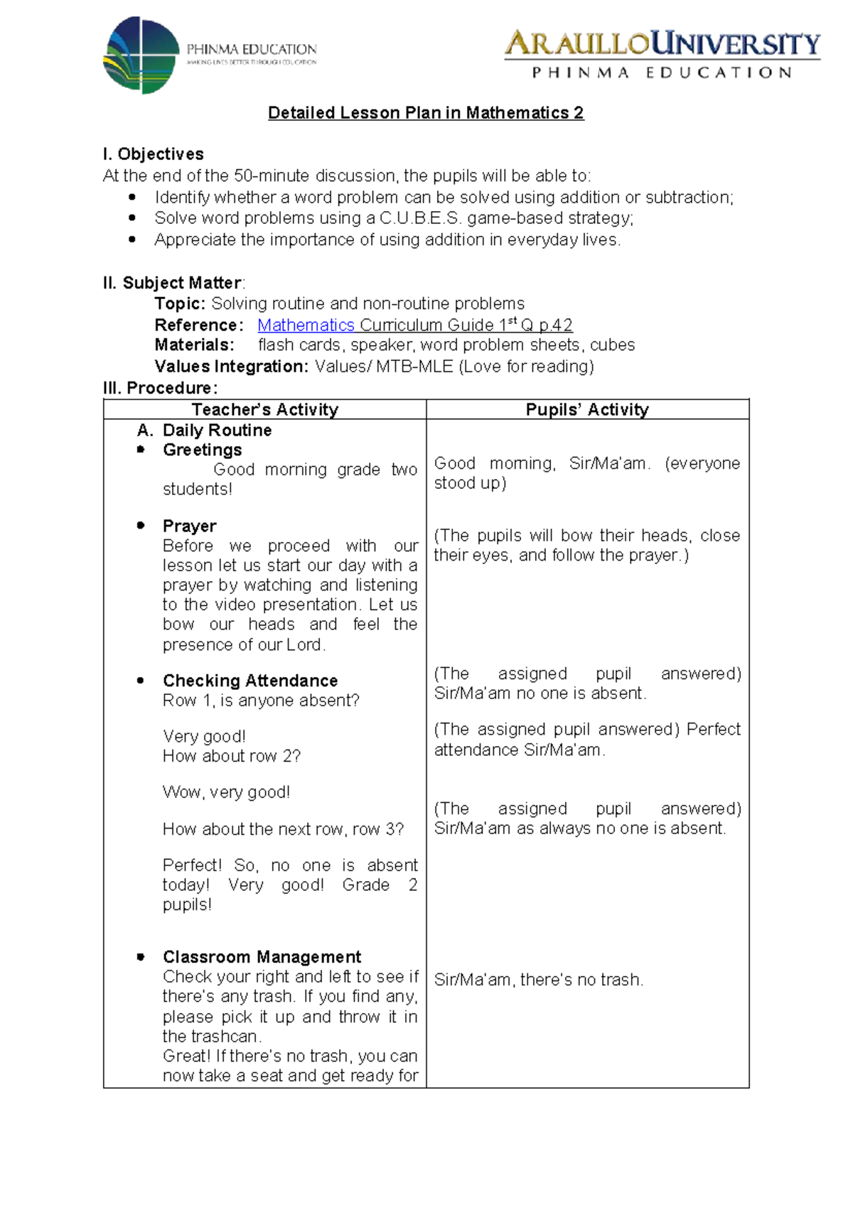 Detailed Lesson Plan in Math 2: Solving Word Problems Using C.U.B.E.S ...