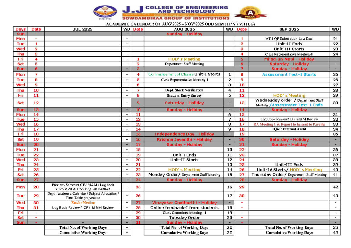 Academic Calendar for Odd Sem V VII (UG) Aug-Nov 2025 - Studocu
