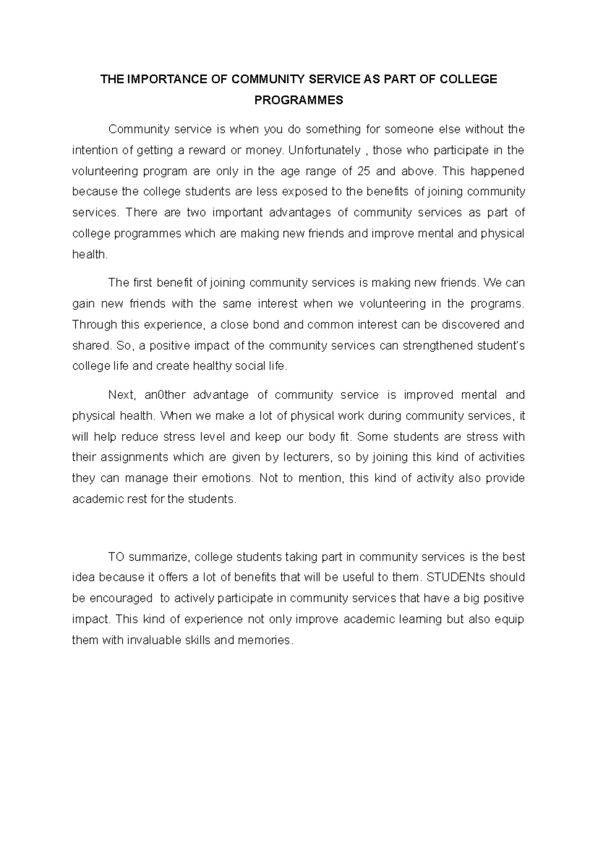 The Importance of Community Service in College Programmes - Studocu