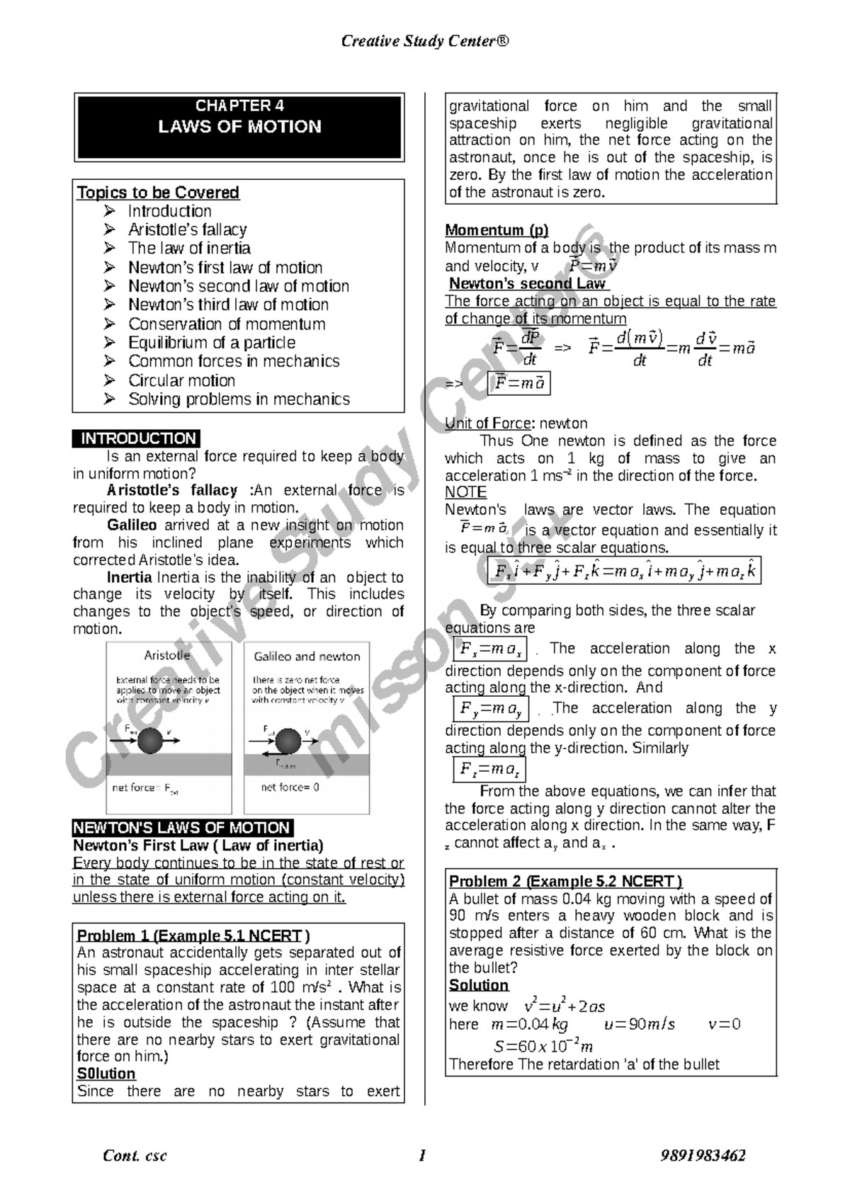 CH4 LAWS OF Motion - ch 4 notes - Creative Study Center® misson 95 ...