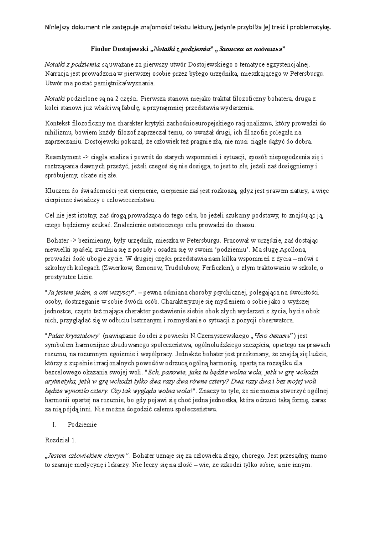 Dostojewski, "Notatki z podziemia": Streszczenie i Analiza Tematów - Document Preview