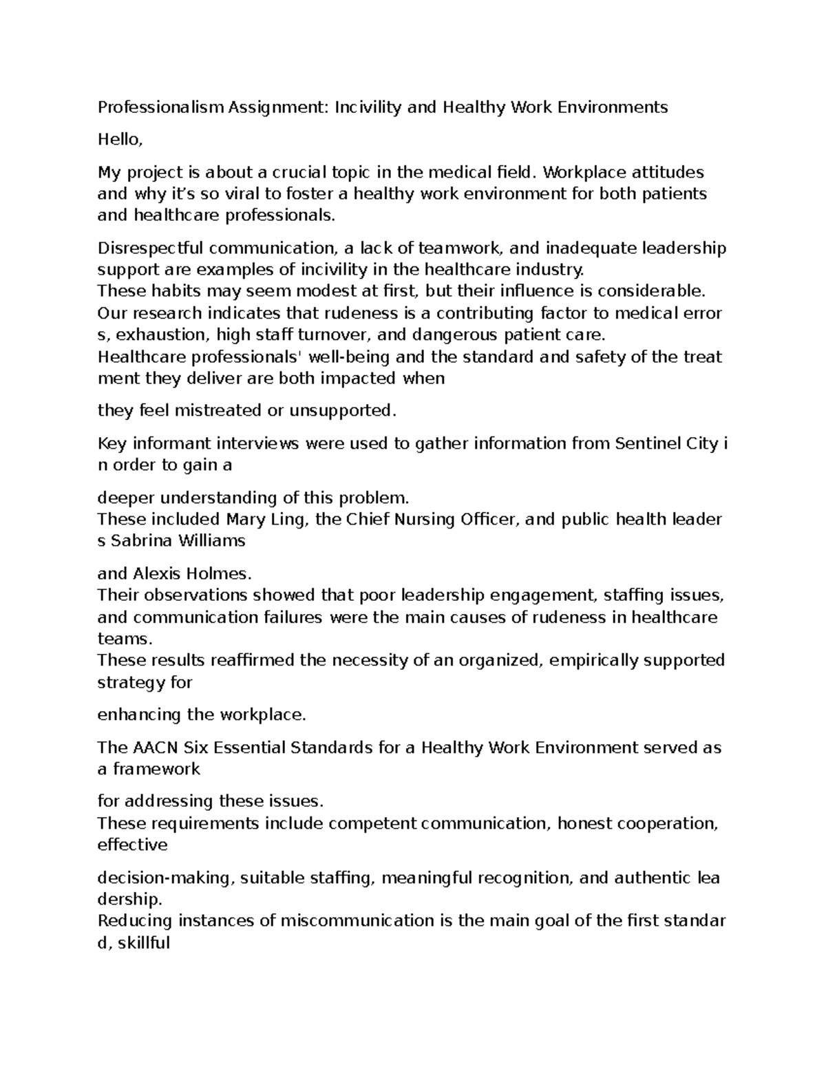 Professionalism Assignment: Incivility & Healthy Work Environments ...