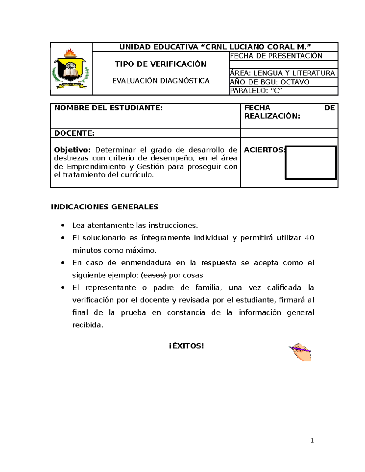 Evaluación Diagnóstica Lengua BGU Octavo - Paralelo C - Document Preview