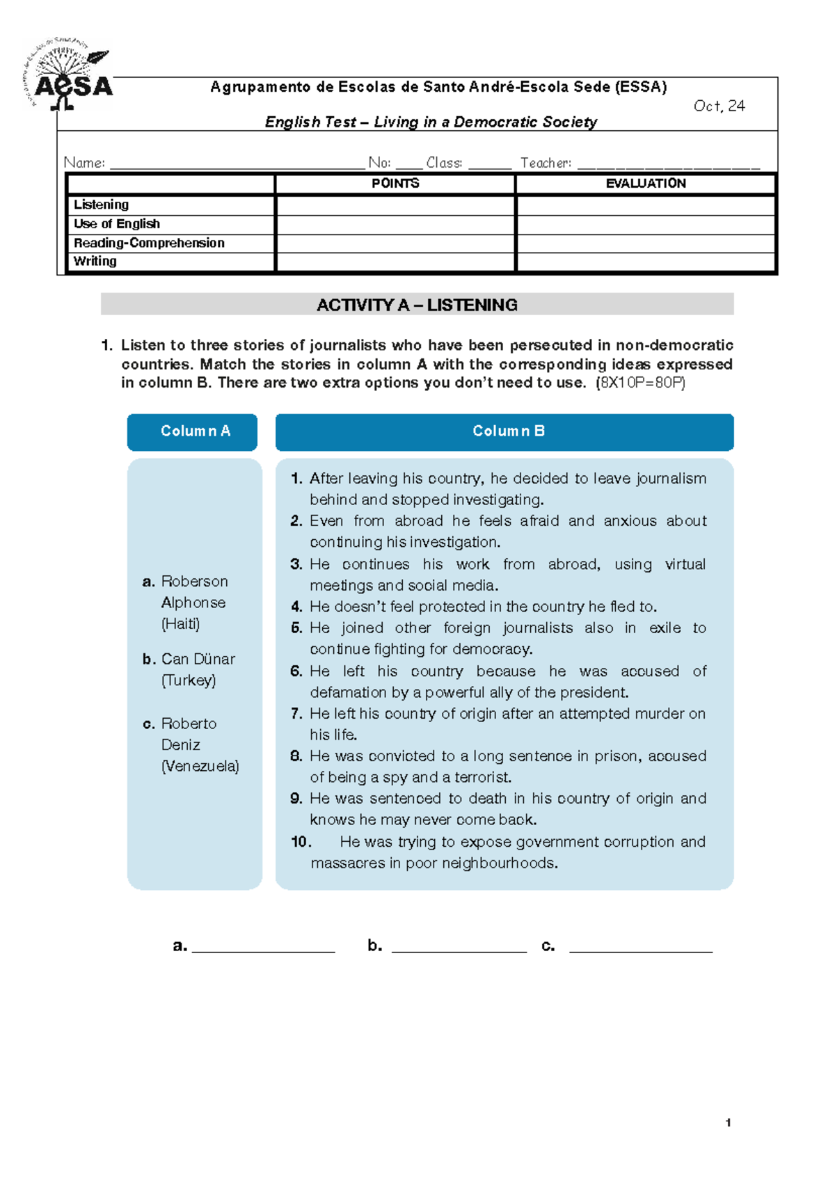 Teste Formativo: ESSA English Test on Living in a Democratic Society ...